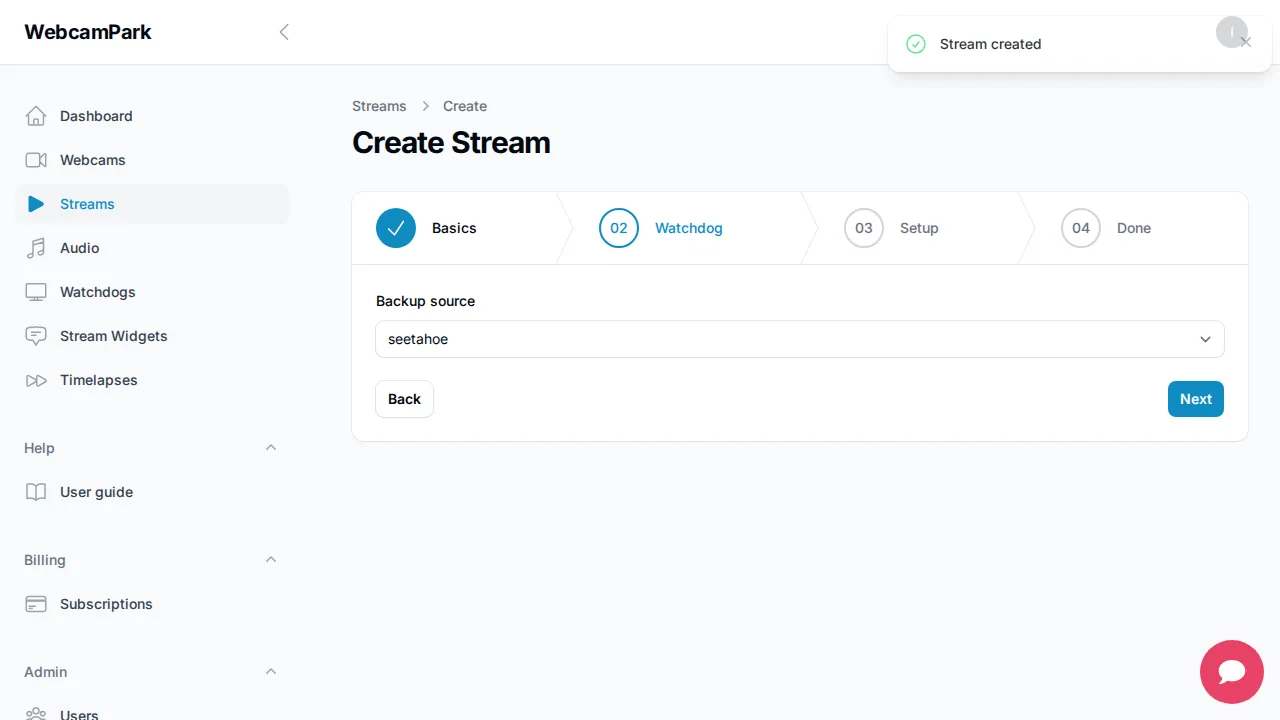 Create stream – Step 2 (Watchdog)