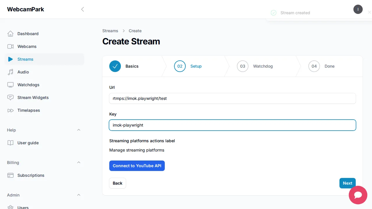 Create stream – Step 3 (Setup)