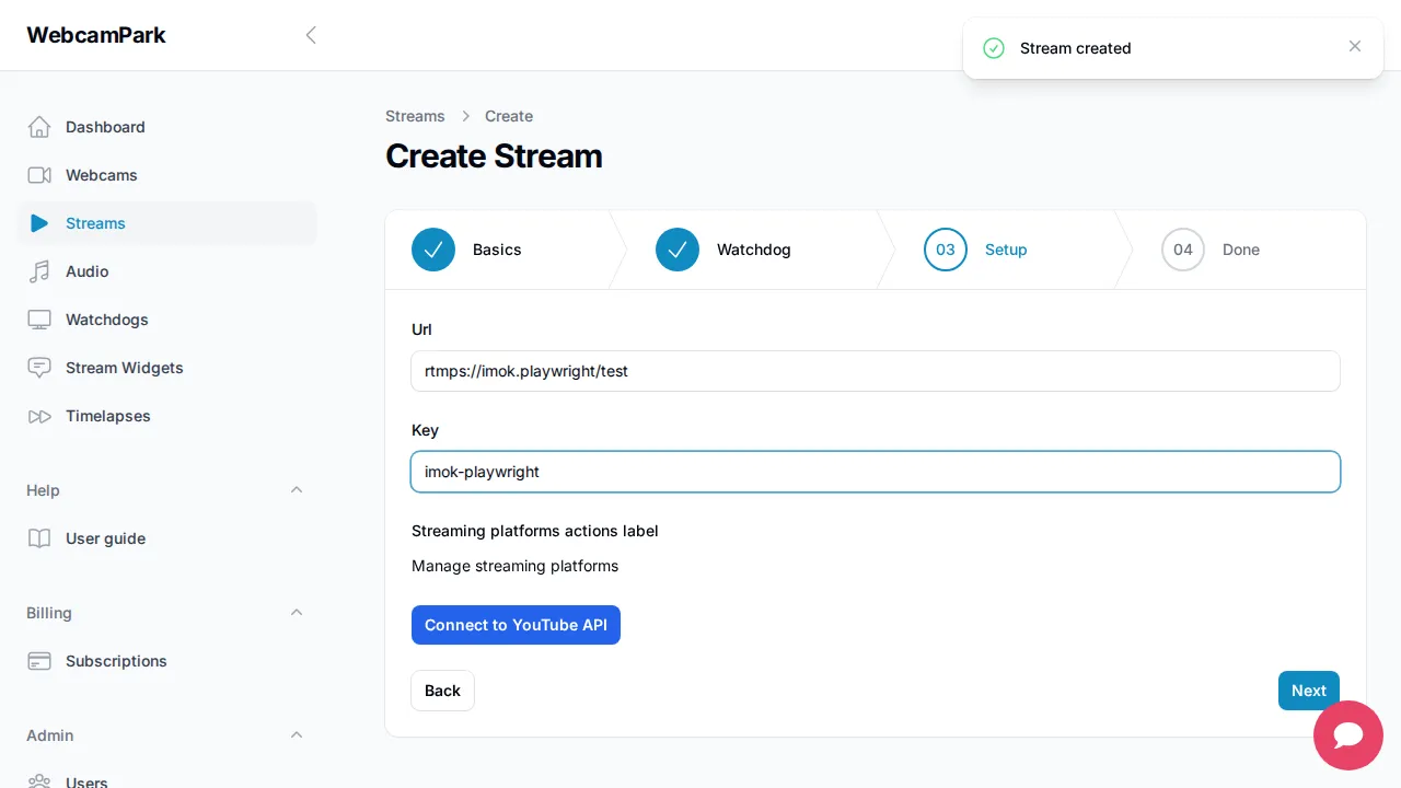 Create stream – Step 3 (Setup)